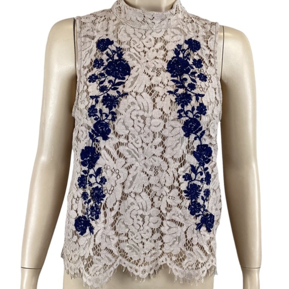 Haute Monde Tan Lace Sleeveless Top Blouse Navy Embroidery Size Medium - Picture 4 of 8